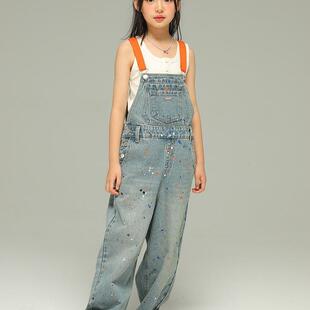泼墨牛仔背带裤女童春秋宽松复古美式直筒裤子中大童吊带休闲长裤