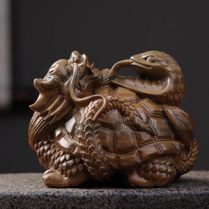 阿根廷绿檀木雕玄武手把件瑞兽摆件龙龟蛇玄关实木装饰家居工艺品