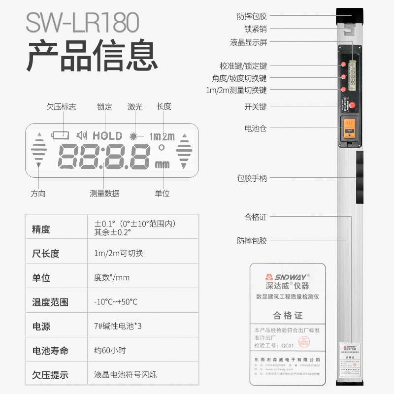 深达威铝合金双屏数显工程靠尺2米折叠坡度工程测量水平垂直LR180