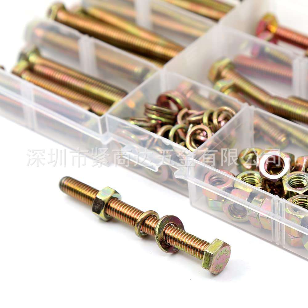 跨境144pcs8.8级镀彩锌外六角螺丝螺栓套装六角头螺栓配螺母盒装