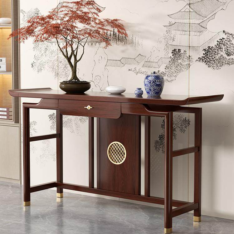新中式实木玄关桌乌金色榆木条案供台现代简约轻奢入户门厅端景台