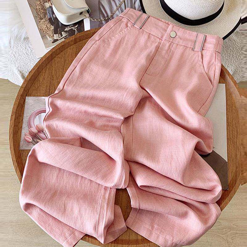 粉色天丝亚麻休闲裤子女士夏季新款冰丝女裤宽松大码棉麻直筒长裤
