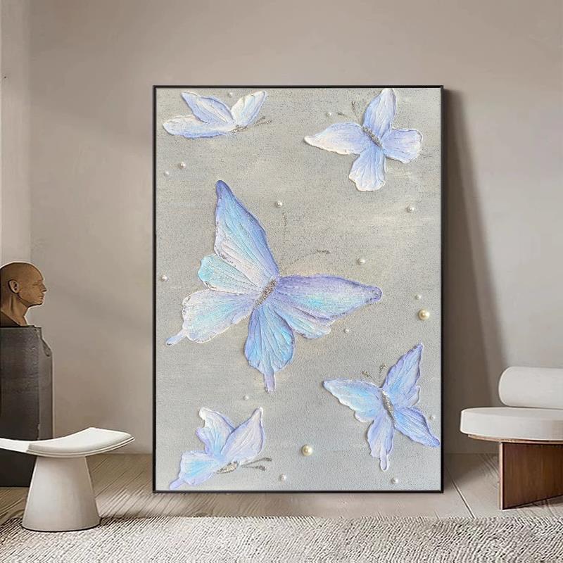 蝴蝶石英砂肌理画蓝色浮雕珍珠手绘油画立体网红高级装饰画定制图片
