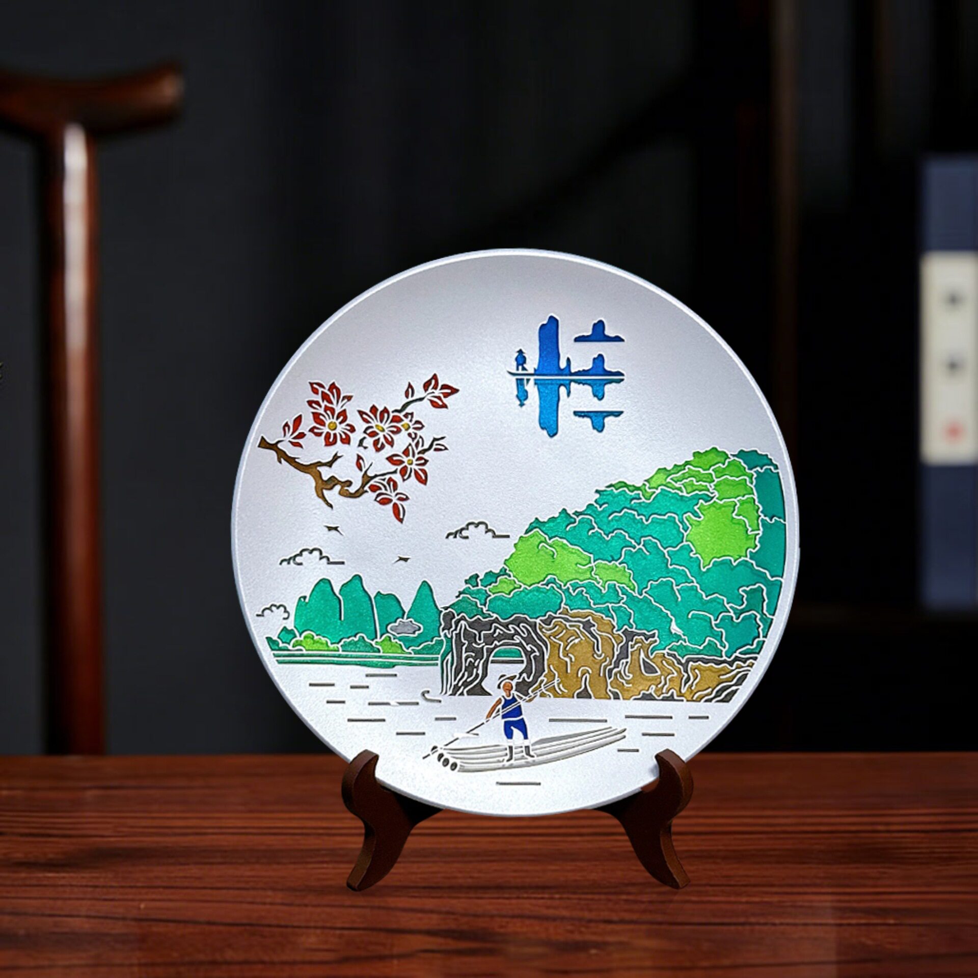 百福十年制造厂广西桂林山水景点纪念品漓江风景特色晶化玻璃圆盘