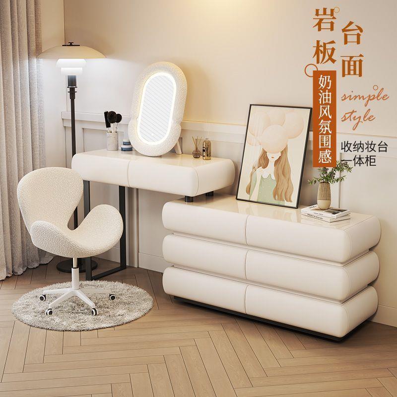 实木梳妆台卧室收纳斗柜一体现代简约岩板小户型化妆桌粉色梳妆凳