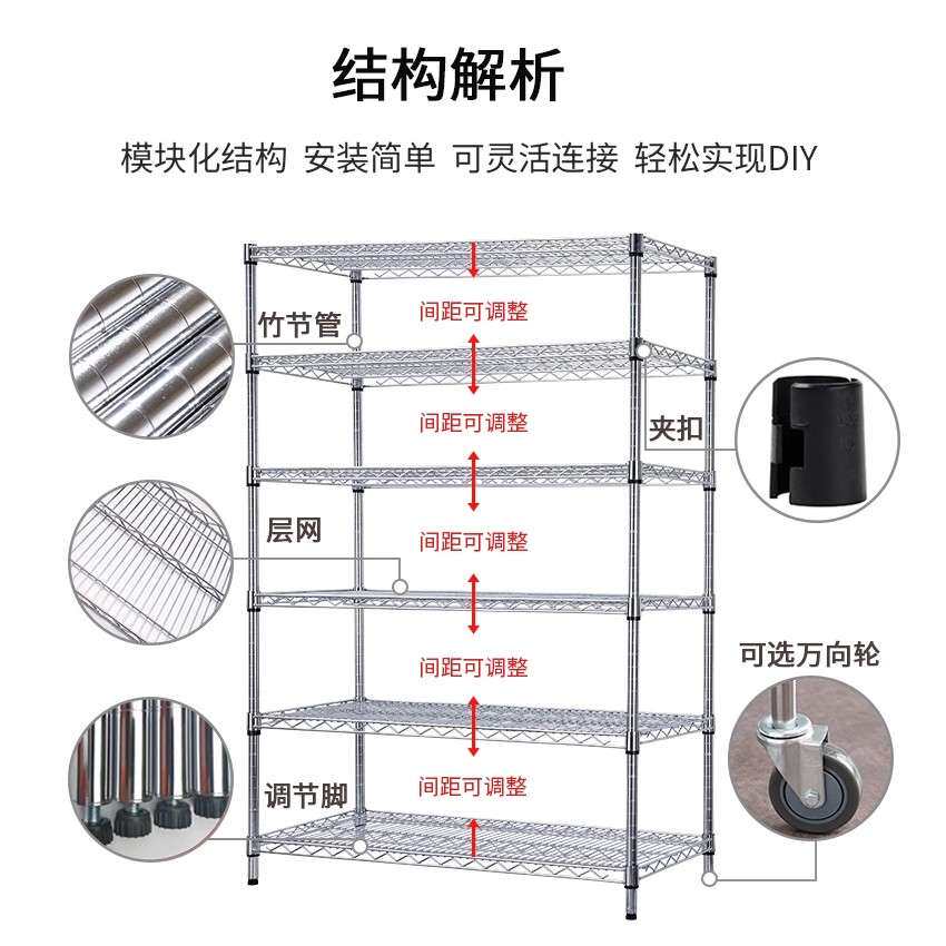 工用线网格货架多层置物架落地不锈钢厨房收纳架仓库物料架子