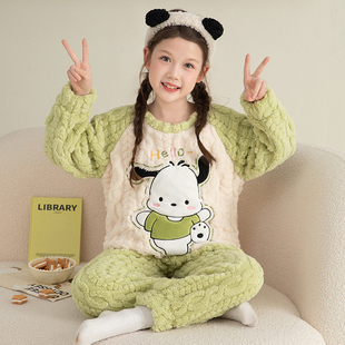 2025新款女童睡衣珊瑚绒秋冬季加绒卡通儿童女孩中小童家居服套装