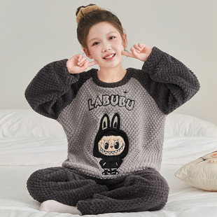 儿童睡衣女童秋冬季珊瑚绒加厚法兰绒中大童女孩家居服套装拉布布