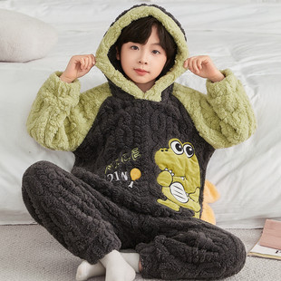 儿童睡衣秋冬季2025新款男童冬款珊瑚绒加厚法兰绒青少年男孩套装