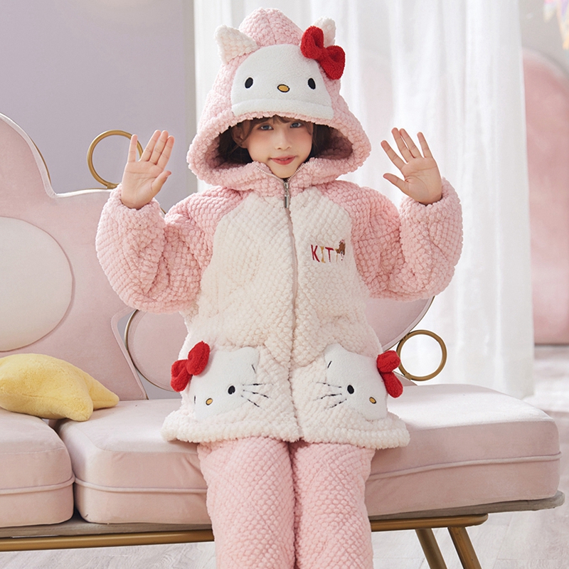 女童冬季睡衣儿童三层夹棉珊瑚绒