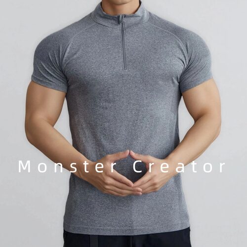 半拉链男士阳离子弹力运动T恤