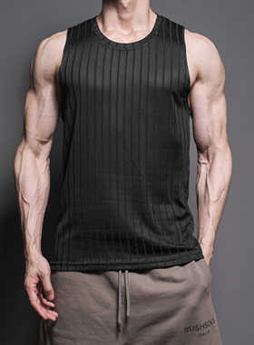 MONS高级感背心美式男夏季健身训练弹力修身无袖T恤螺纹竖条坎肩