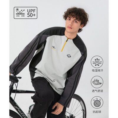 防晒透气撞色拼接运动T恤男秋季款宽松印花半拉链长袖卫衣体恤衫