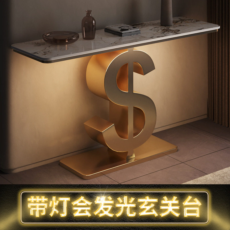 轻奢玄关桌后现代简约不锈钢岩板别墅靠墙端景台装饰柜入户玄关台