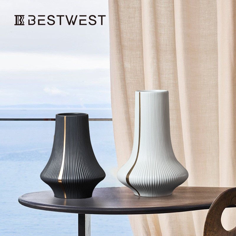 Best west 竖楞烟囱型电镀金边陶瓷大花瓶摆件 客厅软装饰品花器