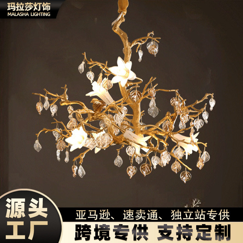 全铜轻奢树枝吊灯法式豪华别墅客厅灯奢华个性创意水晶枝形吊灯