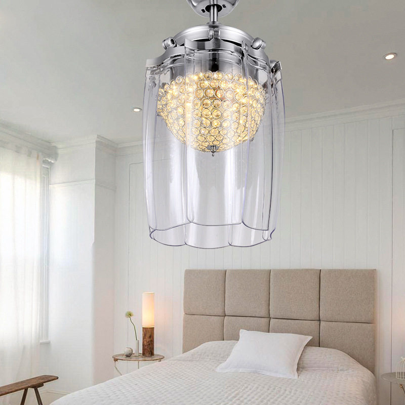 精品水晶装饰吊扇灯 餐厅客厅水晶灯罩 带灯吊灯 隐形风扇灯