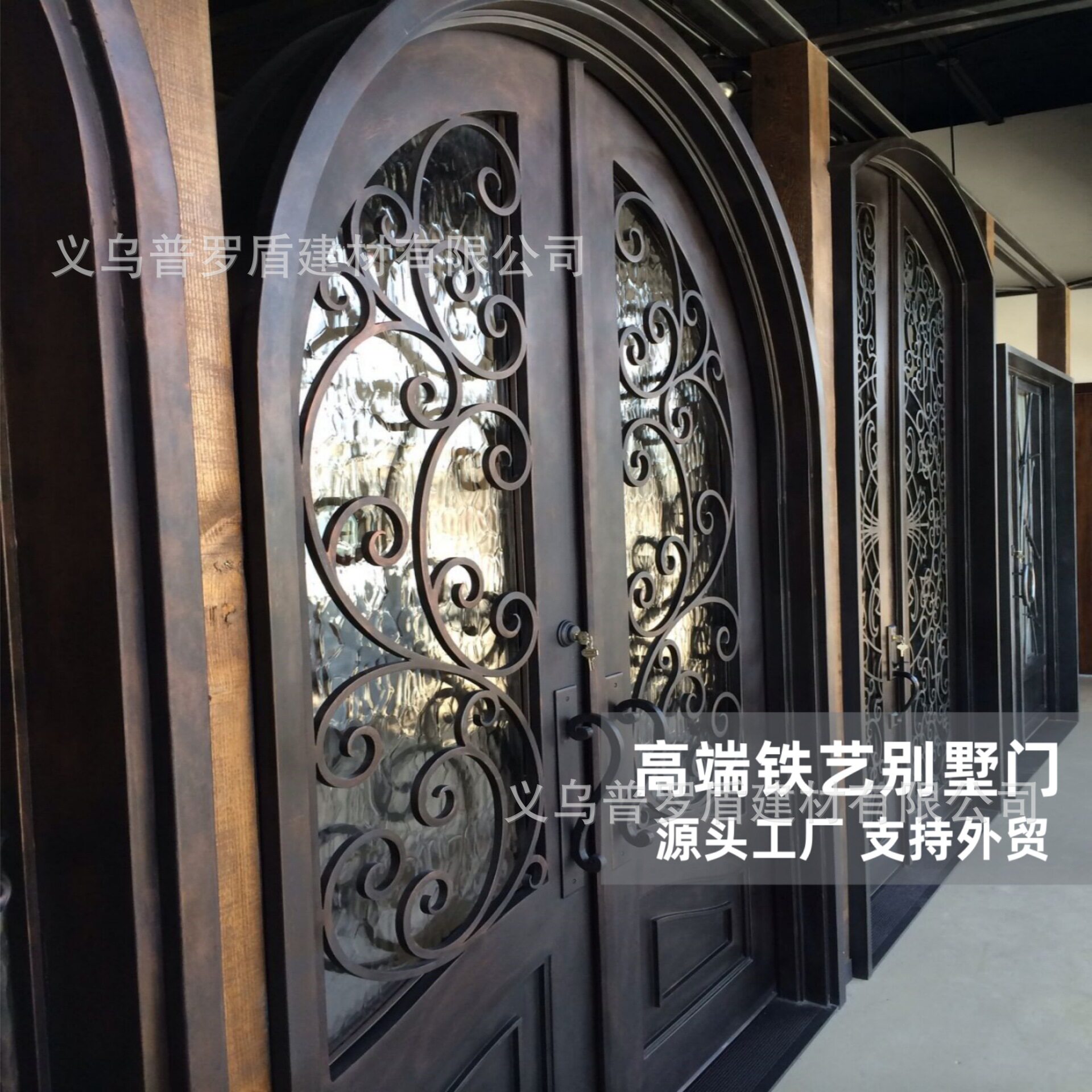 欧式复古拱形铁艺玻璃双开入户门