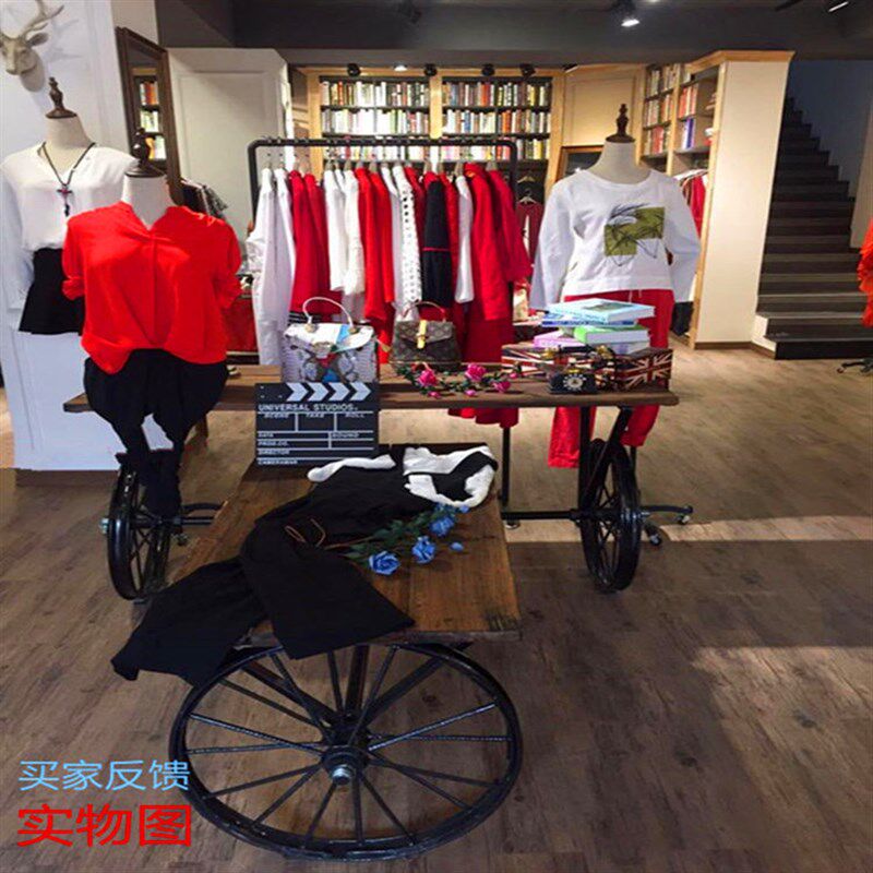 速发铁艺流水台复古物木展示台做旧实木高低置实货鞋包展示柜橱窗