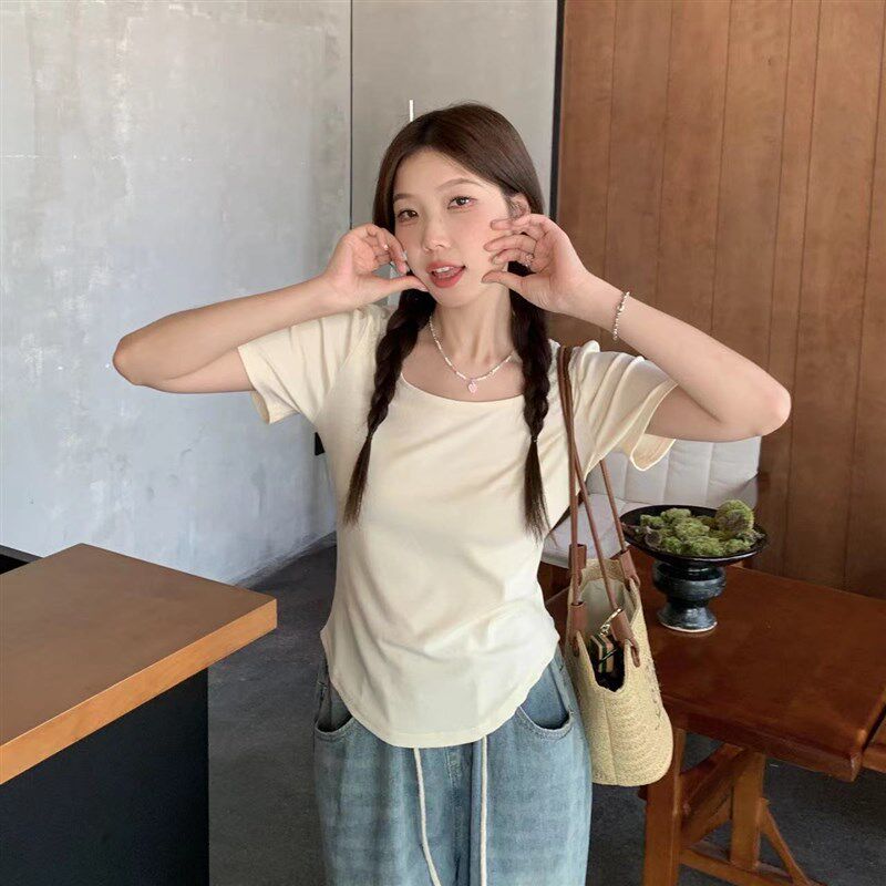 现货大码微胖mm遮肚子显瘦不规则正肩方领女夏季新W款辣妹韩版上