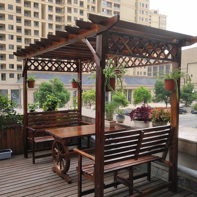 速发U防实木屋凉亭葡萄架户外庭院桌椅休I闲家具花园碳化腐木爬藤