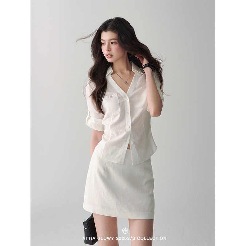 ATTIA GLOWY高智感白色莱赛尔汉麻收腰衬衫女夏七分袖v领短裙套装