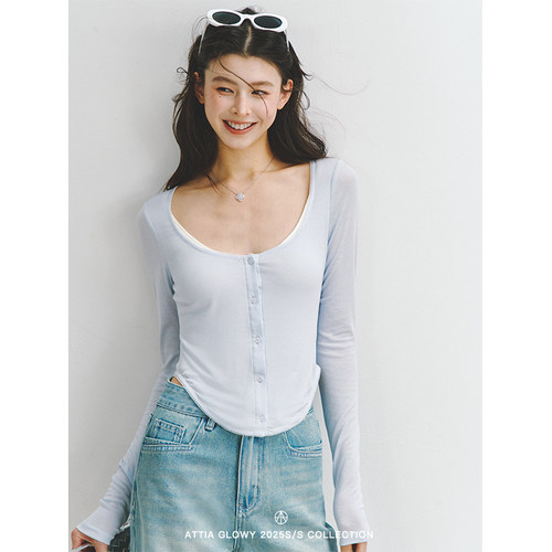 ATTIA GLOWY 假两件凉感莱赛尔长袖u领T恤女夏修身防晒短款上衣