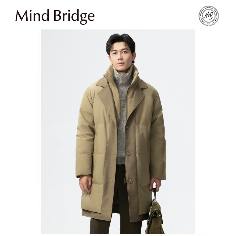 Mind Bridge男羽绒服冬2025新款中长款双层领假两件加厚保暖外套