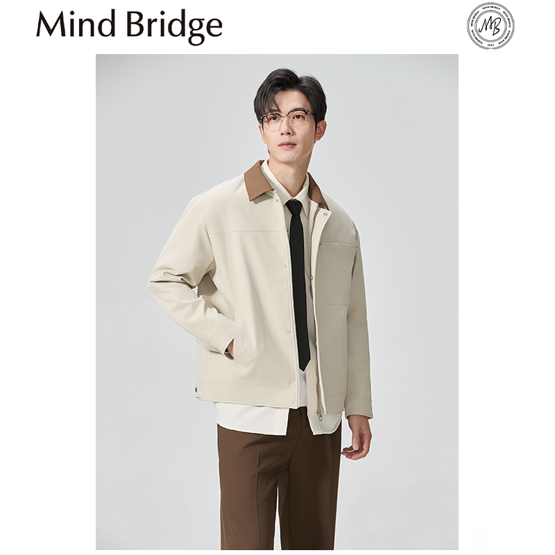 Mind Bridge2025早秋新款男士斜纹撞色翻领宽松休闲工装夹克外套