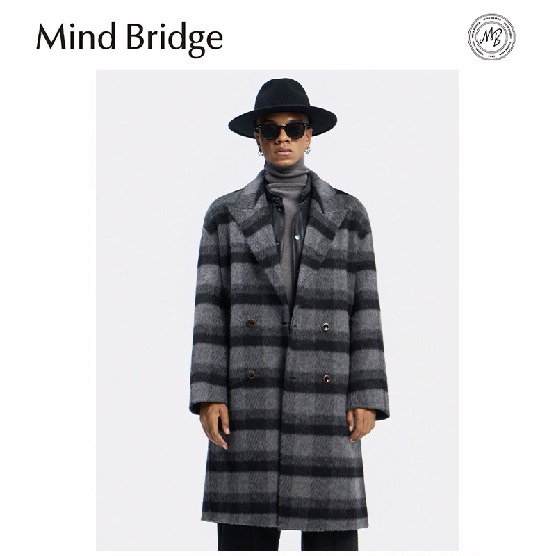 Mind Bridge2025秋冬新款男高端复古条纹长款羊毛混纺双面呢大衣,男装,毛呢大衣,淘宝优惠券,粉丝福利购,淘宝优惠卷