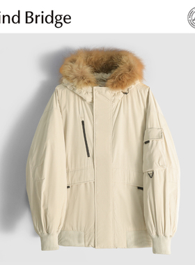 Mind Bridge黑色毛领羽绒服男2025冬季加厚保暖工装外套连帽派克