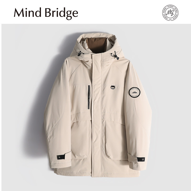Mind Bridge2025冬季新款男士城市户外保暖90鸭绒连帽羽绒服外套