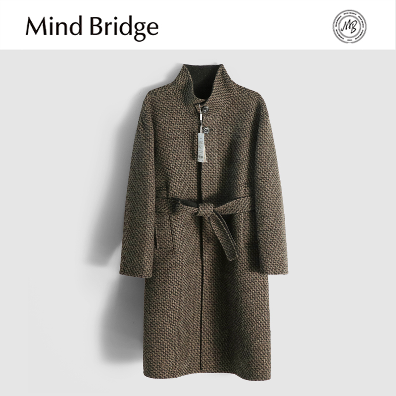 Mind Bridge立领斜襟长款双面羊毛大衣男士腰带韩版呢子宽松外套