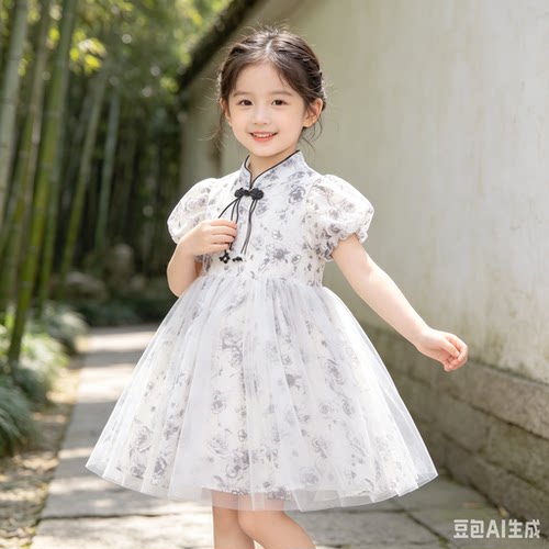 法国女童中小童唐装2026新款夏季儿童超仙甜美国风网纱盘扣汉服潮