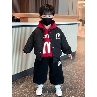 法国男童加绒套装冬装新款痞帅儿童加厚卫衣男孩宝宝棉外套三件套