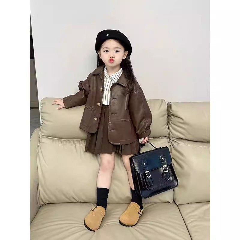 法国春秋季女童又酷又飒的洋气儿童宝宝皮衣外套衬衫裙子三件套装