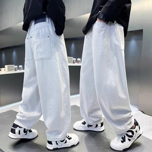 法国男童春季裤子新款中大童直筒白色男孩春装儿童春秋款牛仔长裤