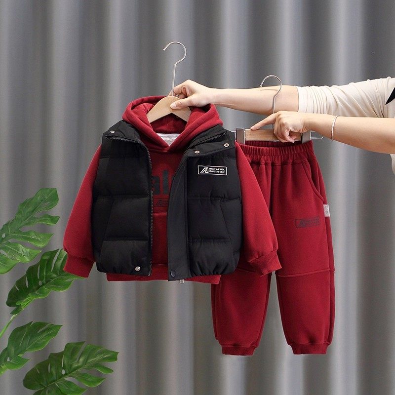 法国童装儿童冬季加绒加厚保暖棉袄马甲套装秋冬装男女卫衣三件套
