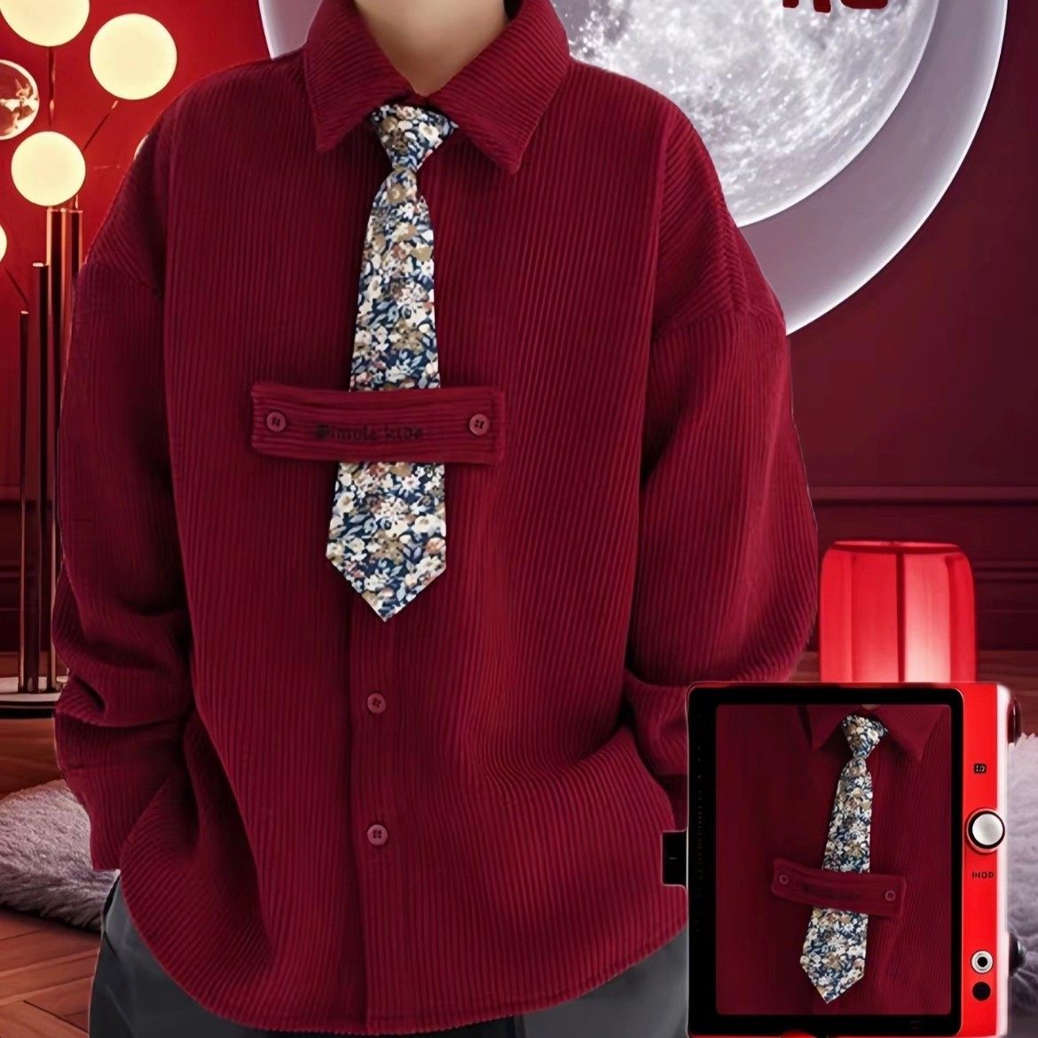 法国儿童新中式拜年服男童秋冬潮流灯芯绒外套中大童加绒衬衫上衣