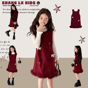 法国女童冬季高级感裙子蝴蝶结背心裙毛呢裙巨好看冬装连衣裙新年