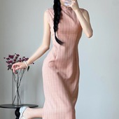 山茶丝语新中式 港工旗袍藕荷粉条纹春夏改良旗袍无袖 显瘦日常旗袍