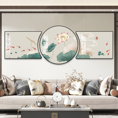 热销新中式客厅装饰画沙r发背景墙挂画三联画九鱼聚财水墨荷花禅