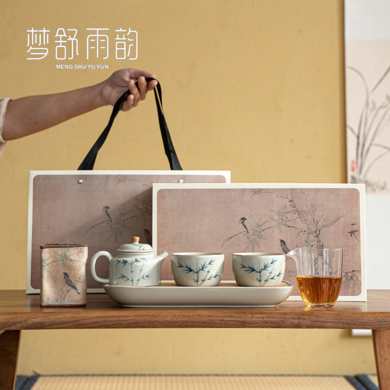 现货草木灰手绘竹子德钟壶一壶两杯茶盘套组茶壶T茶杯功夫茶具套