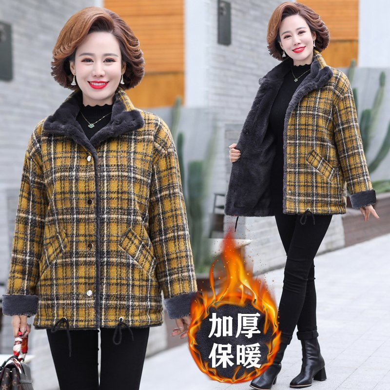 速发冬装加绒套厚外加洋气领妈格子棉服中年装大码立妈保暖棉衣加
