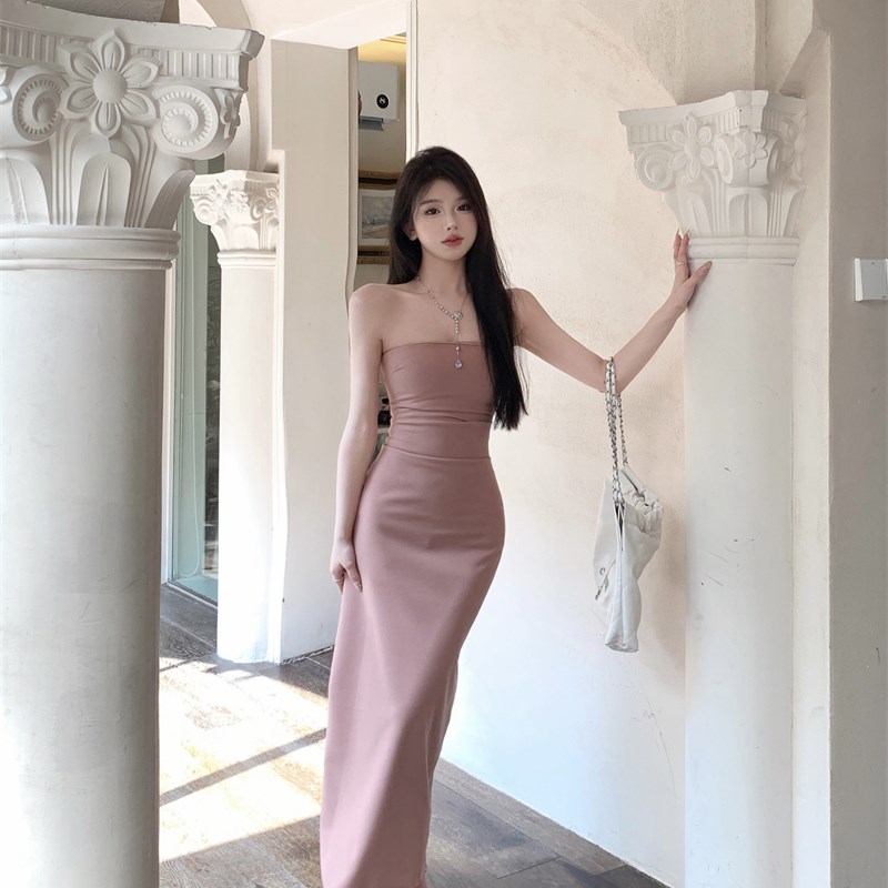 速发甜辣妹抹胸连衣裙春装纯欲开叉打底裙力内搭一字肩包臀长裙