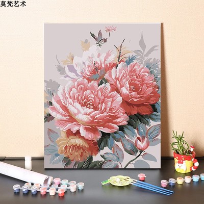 速发数字油画手工填充中式富贵牡丹花手绘涂色烯厅装饰丙油客彩画