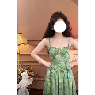 速发大码微胖碎花绿色季衣裙夏连肚遮裙子法式吊带长裙套装