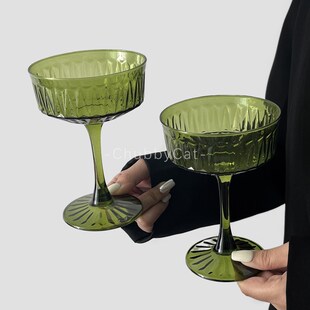 速发复古绿竖微高脚纹高颜值杯醺玻璃杯特调饮品香槟杯鸡尾酒杯子
