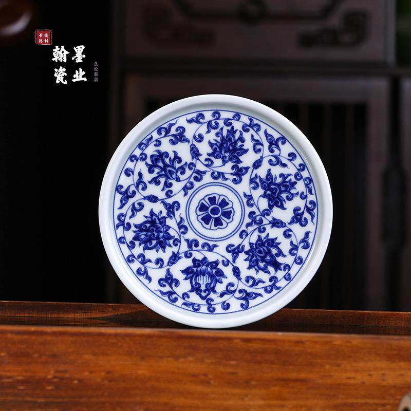 速发景德镇陶瓷仿古泥青花缠枝莲盖置复古杯垫壶盖垫家用茶道配件