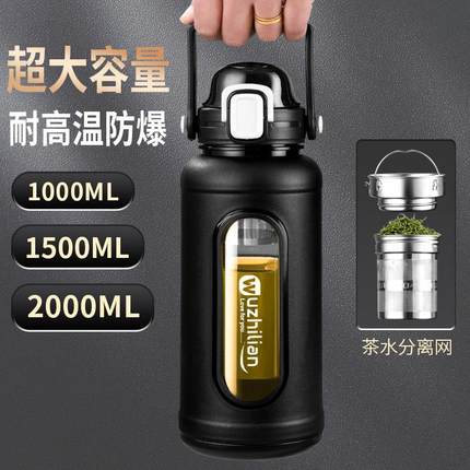 大容量防摔玻璃杯耐高温茶水分离户外便携运动水壶吸管两用泡茶杯